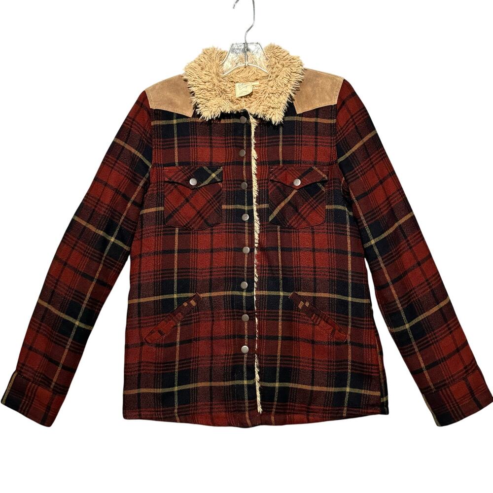 White Crow Flannel Faux Suede Sherpa Lining Snap Front Shirt Women S Red Tan